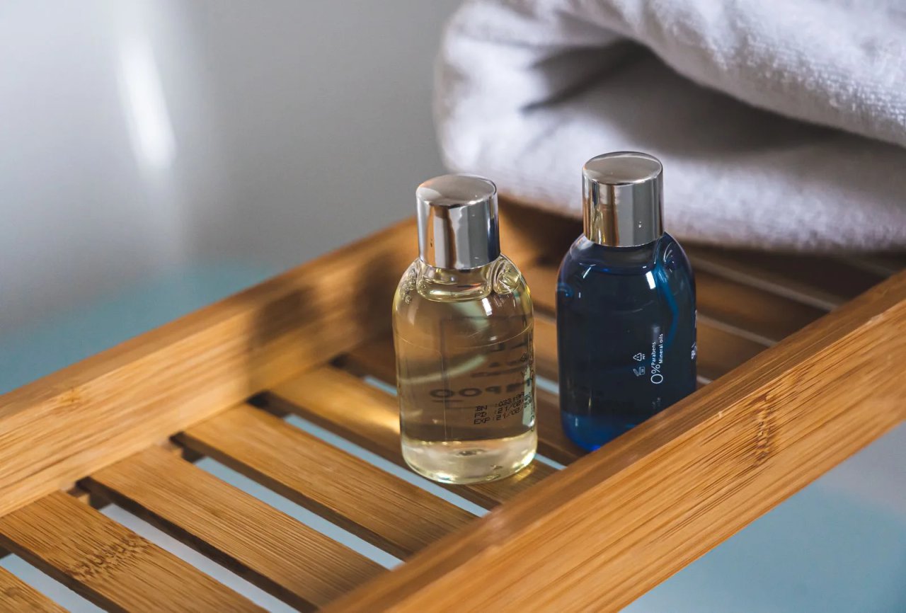 Shampoo bottle in a bathroom